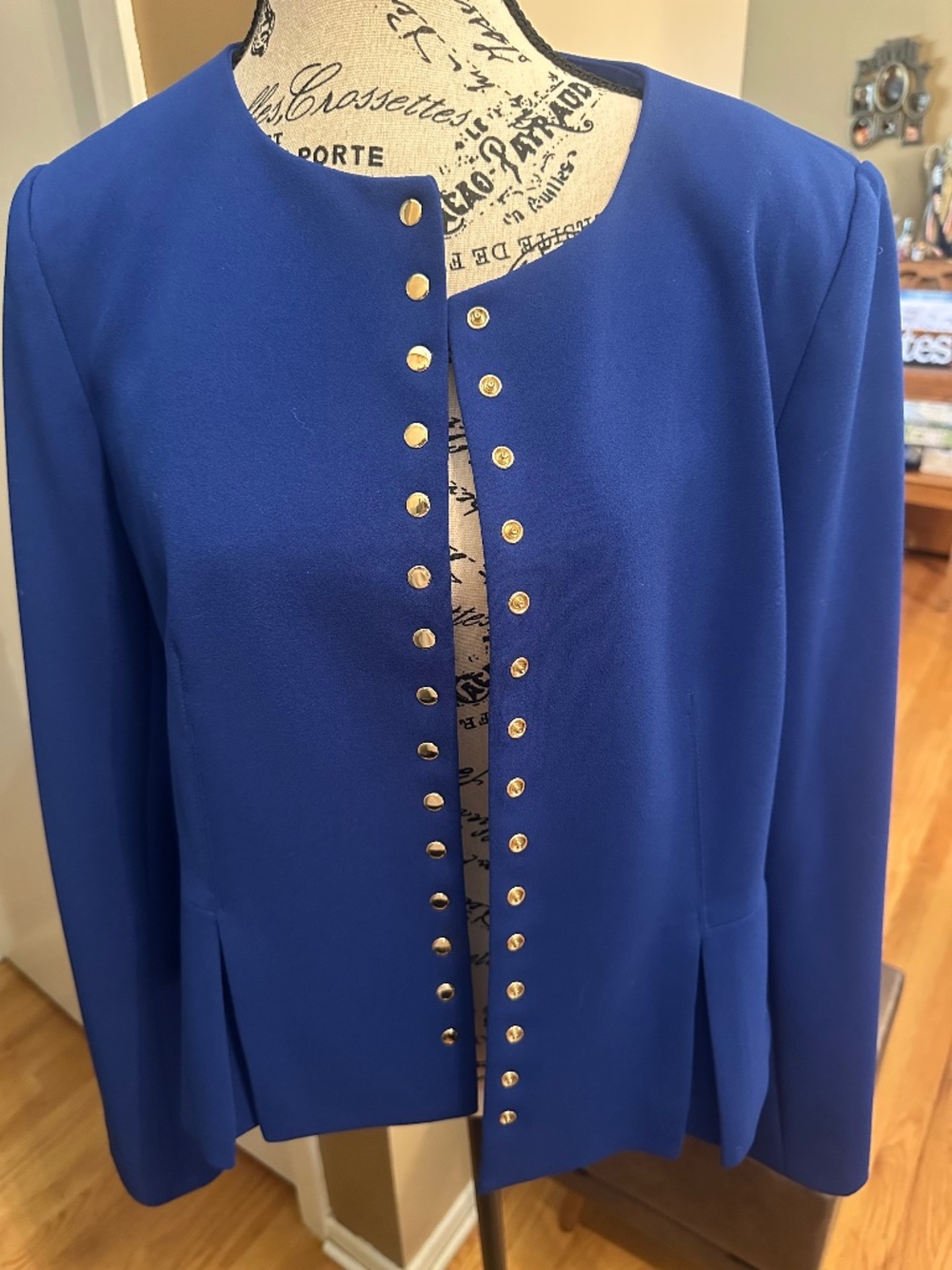 Calvin Klein Blue crepe jacket with gold snap details